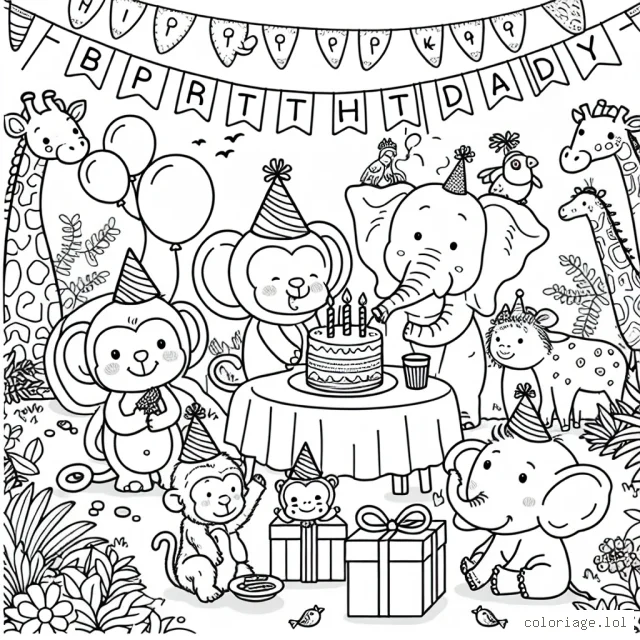 Une scène joyeuse d’animaux de la jungle ayant une fête d’anniversaire.