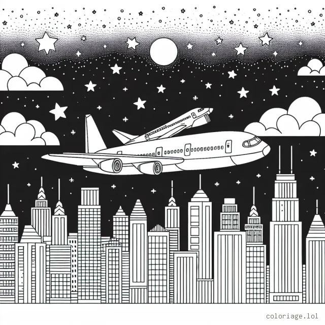Imagine qu'il y a un avion survolant une ville magnifique avec de nombreux détails sur les gratte-ciels, le ciel étoilé, les lumières de la ville et le grand avion volant au-dessus !