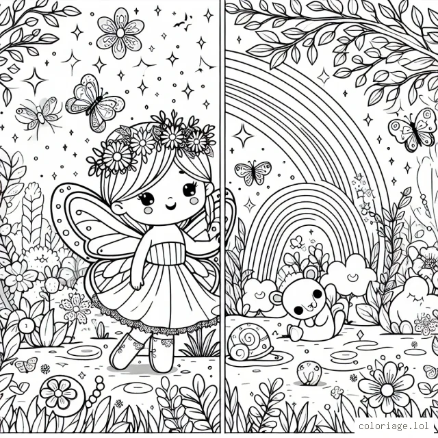 Une fée enchantée dans un jardin secret, parsemé de fleurs magiques, d'animaux mignons et d'arcs-en-ciel brillants