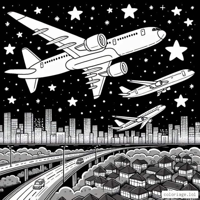 Dans le ciel étoilé, trois avions survolent une ville endormie. L'un est un petit avion bleu avec une hélice, le deuxième est un grand avion rouge à réaction, et le troisième avion est un avion de ligne avec des ailes immenses illuminées par les lumières de la ville en dessous. Votre objectif est de leur apporter de la couleur et de la vie.