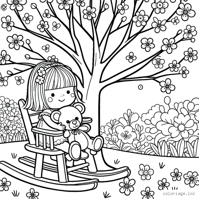Une petite fille qui berce son nounours sous un arbre en fleurs, dans un jardin printanier