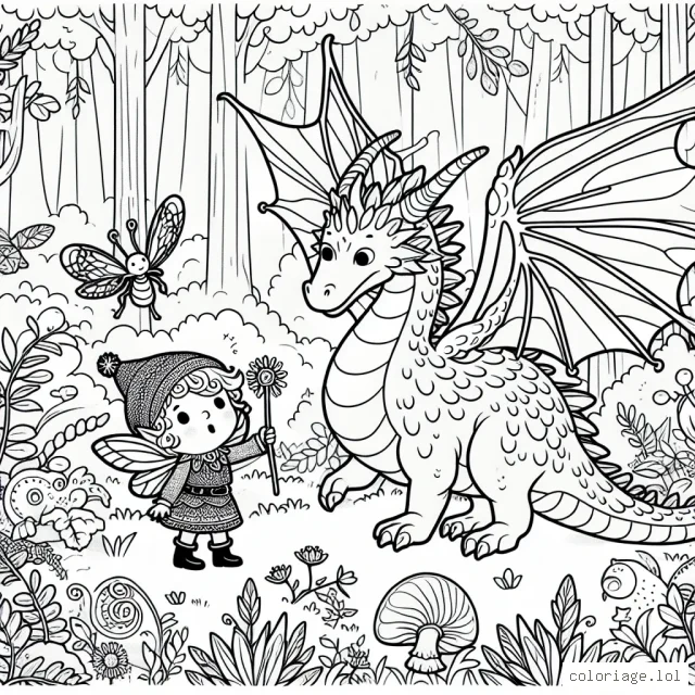 Une petite fée chevauchant un dragon amical dans une forêt enchantée peuplée de créatures magiques.