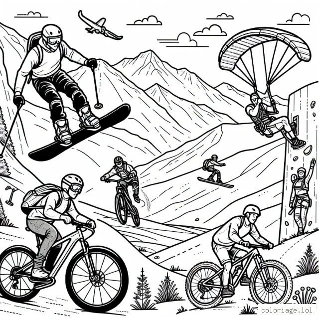 Une scène de sports extrêmes où plusieurs athlètes pratiquent différents sports dans un paysage montagneux.
