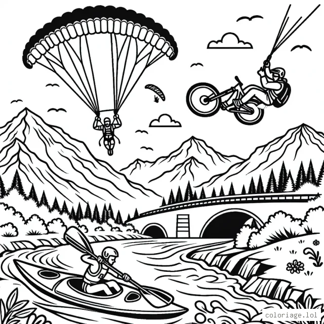 Dans un paysage montagneux impressionnant, un vététiste descend à pleine vitesse la pente escarpée tandis qu'un parapentiste plane dans les cieux. Dans une rivière en contrebas, un kayakiste affronte les rapides. Au loin, un sauteur à l'élastique s'apprête à sauter d'un pont suspendu, et un surfeur glisse sur une vague géante.