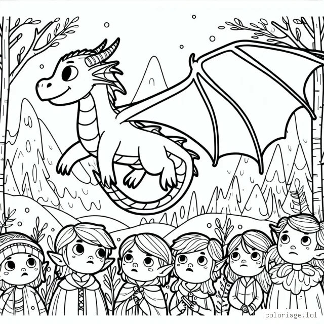 Un jeune dragon apprend à voler sous le regard curieux d'une tribu d'elfes des bois.