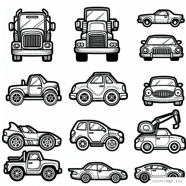 Un assortiment de voitures de différentes marques à colorier