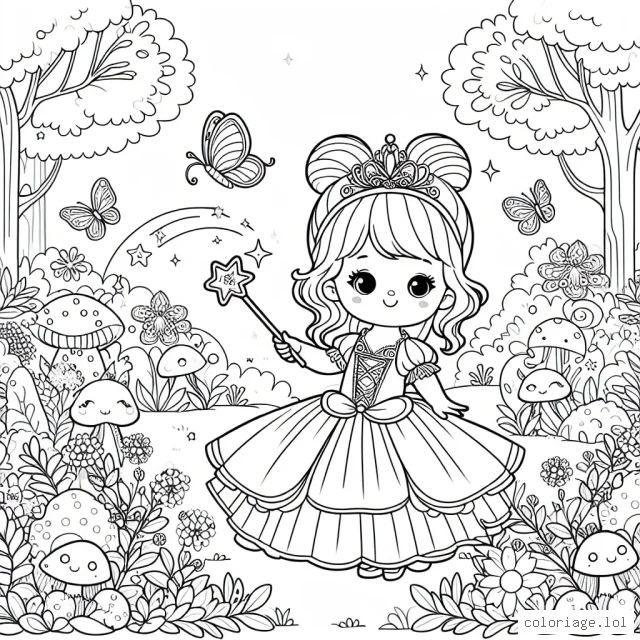 Une petite fille avec une robe de princesse tenant une baguette magique dans un jardin enchanteur peuplé de créatures féériques