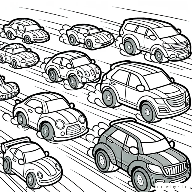Des voitures de différentes formes et tailles sont alignées dans une course effrénée