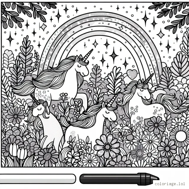 Imaginer et colorer un merveilleux jardin féerique rempli de licornes étincelantes, de fleurs éclatantes et d'arcs-en-ciel scintillantes!