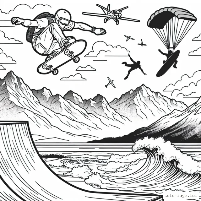 Dans cette scène de sport extrême, un vétéran de skateboard effectuant un trick impressionnant sur une rampe gigantesque avec une vue panoramique sur les montagnes en arrière-plan. Il y a aussi un parachutiste volant au-dessus des montagnes et un surfeur se préparant à surfer une grande vague dans la mer lointaine.