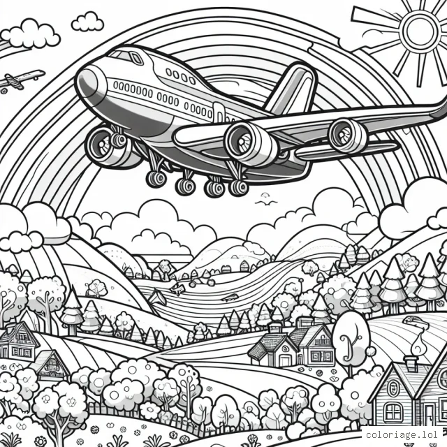 Pour ce dessin, tu dois colorier un magnifique avion volant haut dans le ciel pendant une belle journée ensoleillée. L'avion est grand et détaillé, plein de différentes zones à colorier. Il vole par-dessus un paysage dessiné en-dessous, qui comprend des maisons, des arbres et un bel arc-en-ciel.