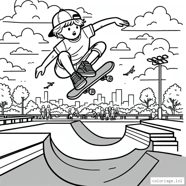 Dessine et colore un skateur exécutant une figure impressionnante dans un skatepark plein d'action