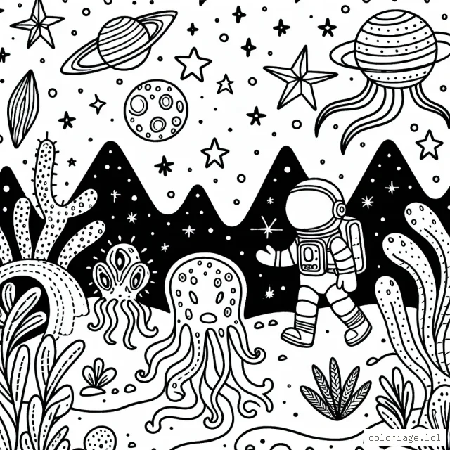 Un petit astronaute courageux explore une nouvelle planète peuplée de formes de vie inconnues et fantastiques. Des étoiles brillantes, des montagnes bizarres et des plantes extraterrestres pittoresques composent l'arrière-plan.