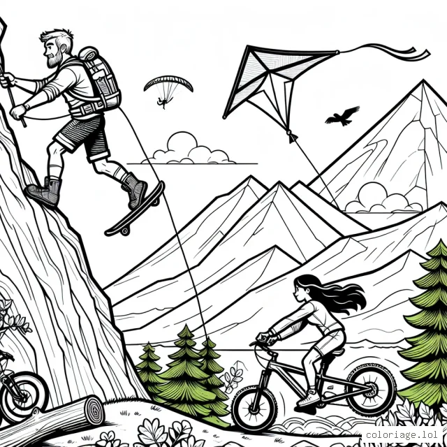 Un grimpeur courageux escalade la montagne rocheuse surplombée d'un cerf-volant. En bas de la montagne, un vététiste survole la forêt émeraude pendant qu'un surfeur brise les vagues océaniques.