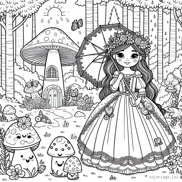 Un décor de conte de fées avec une princesse tenant un parapluie de fleurs debout près d'un champignon enchanté, entourée de créatures de la forêt