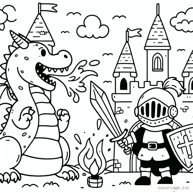 Un valeureux chevalier protégeant son château contre un dragon cracheur de feu