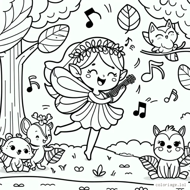 Dessine une douce fée des bois jouant de la musique sur une feuille d'arbre, tandis que de joyeux petits animaux l'écoutent attentivement.