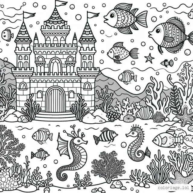 Un royaume sous-marin foisonnant de vie marine avec un palais de corail, un poisson-roi, une sirène, un trésor englouti et une variété de poissons colorés