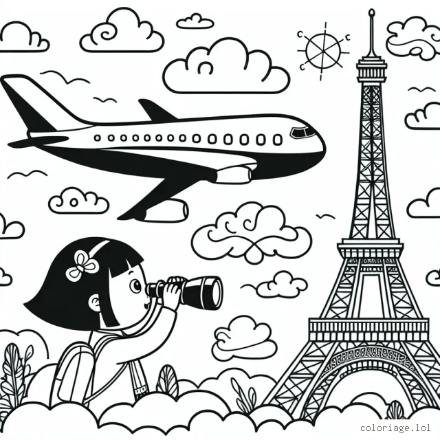 Un grand avion de ligne vole au-dessus de la tour Eiffel. Les nuages s'alignent dans le ciel, ajoutant un fond dramatique. Dans le coin inférieur droit, une petite fille regarde l'avion avec des jumelles.
