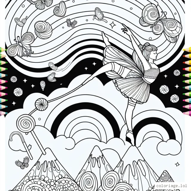 Imagine une fée équilibriste qui se balade sur une corde arc-en-ciel au-dessus de montagnes de bonbons et fait de la magie pour donner vie à de jolis papillons pastel.