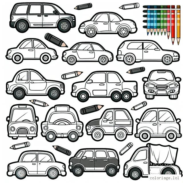 Dessine une sélection de voitures par marque. Peut-tu identifier et colorier chaque voiture avec sa couleur officielle ?