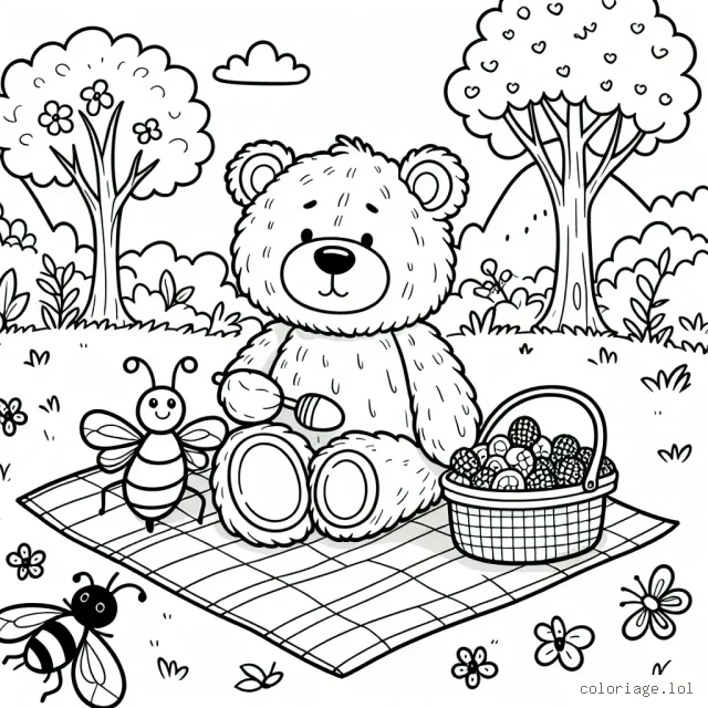 Un ours en peluche est assis dans une clairière en train de pique-niquer avec ses amis insectes.