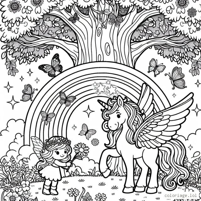 Dans une clairière enchantée, tu trouveras une licorne ailée qui est en train de jouer avec ses petits amis féeriques, comme une fée et un papillon. Elle est sous un énorme chêne rempli de feuilles scintillantes et de fleurs multicolores. Là-bas, tu verras aussi un arc-en-ciel lumineux qui traverse le ciel. Peux-tu les peindre avec de belles couleurs ?