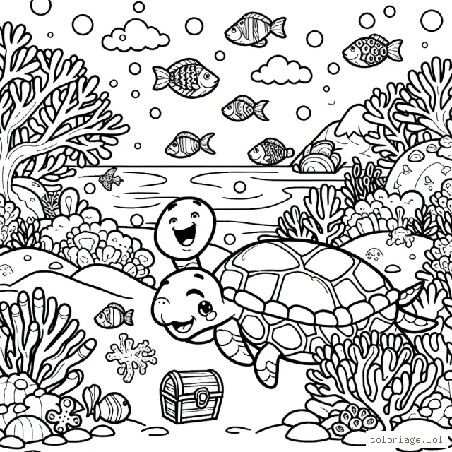 Imagine une scène sous-marine avec une tortue joyeuse et colorée, un banc de poissons multicolores qui danse autour d’elle et un trésor caché dans le récif de corail au loin.