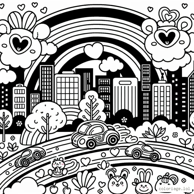 Imagine un dessin avec trois voitures de course multicolores qui font la course sur une piste remplie de peluches amusantes représentant des animaux. Dans le ciel, un arc-en-ciel brillant traverse l'horizon et de jolis nuages en forme de cœurs flottent doucement. À l'arrière-plan, il y a une ville avec des gratte-ciel aux fenêtres colorées et des arbres remplis de fruits sucrés.