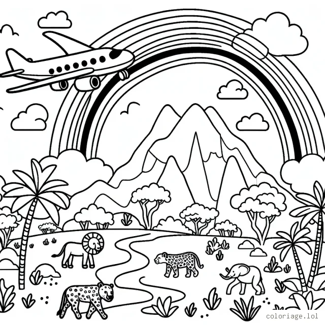 Un avion survole un paysage exotique avec un arc-en-ciel et des animaux sauvages en dessous.