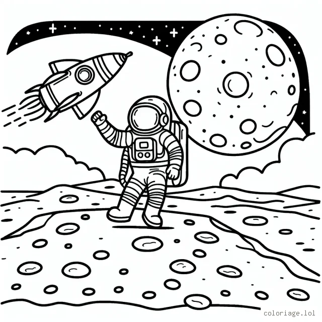 Un astronaute courageux explore la surface de la lune avec un vaisseau spatial en arrière-plan