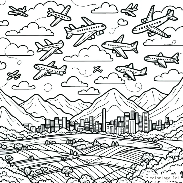 Imagine un grand ciel bleu clair avec des avions de toutes formes et tailles volant librement. Tu peux colorer les avions avec des couleurs vives. Aussi, n'oublie pas de colorer le paysage en dessous, avec des champs verdoyants, des montagnes imposantes et peut-être même une ville animée. Exprime ta créativité et rends cette image aussi vivante que possible.