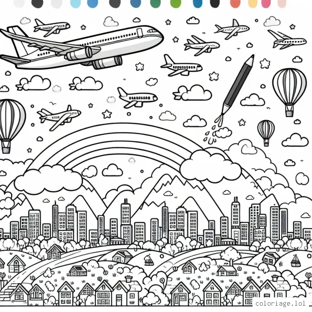 Votre mission est de colorer un éventail de divers avions volant haut dans le ciel bleu parsemé de nuages. En arrière-plan, on peut voir une vue panoramique incroyable de la ville parsemée de minuscules maisons colorées. Une montgolfière se déplace lentement dans le ciel. On peut aussi voir un arc-en-ciel heureux projetté par un jet d'eau.