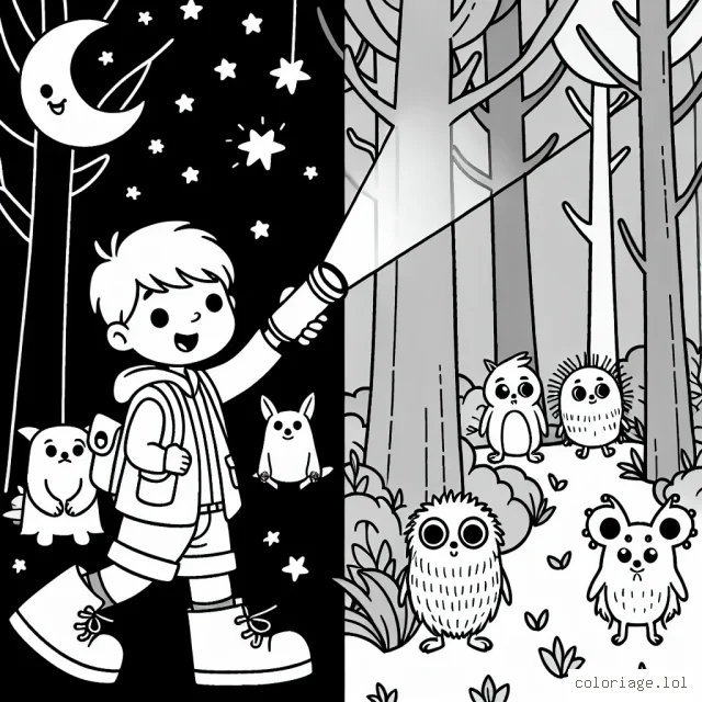 Un petit garçon avec sa lampe de poche explorant la forêt mystérieuse peuplée de gentilles créatures nocturnes.