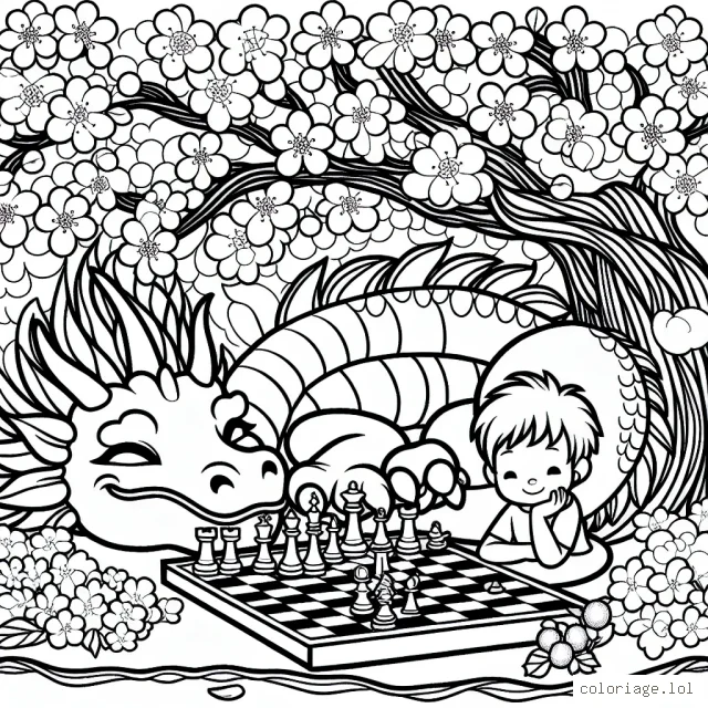 Un dragon endormi sous un cerisier en fleurs, avec deux enfants jouant aux échecs sur sa queue enroulée