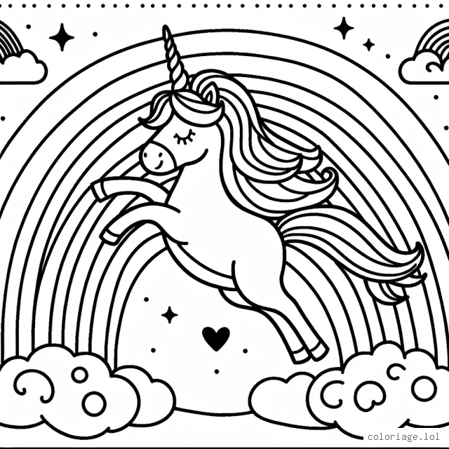 Une licorne magique qui danse sur un arc-en-ciel au-dessus des nuages