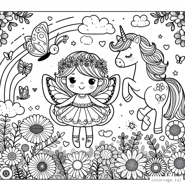 Un magnifique jardin de fleurs féerique avec une petite fée en train de s'amuser avec des papillons et une licorne