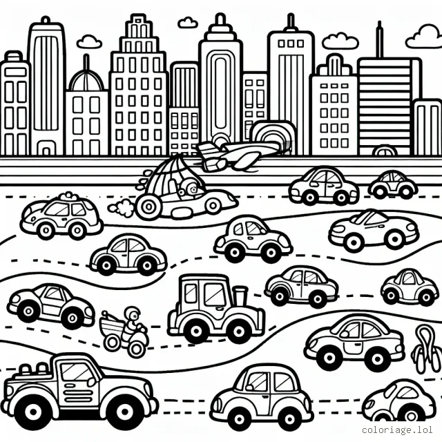Imaginer une scène où une variété de voitures colorées se sont rassemblées pour une grande course dans une ville animée