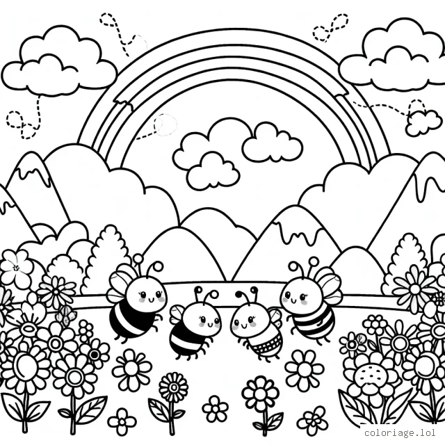 Une famille d'abeilles s'amuse dans un champ de fleurs coloré, entouré de montagnes, avec un arc-en-ciel dans le ciel.