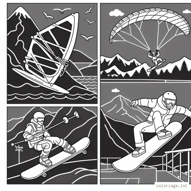 Une planche à voile surfant sur des vagues énormes, un parachutiste plongeant du haut du ciel, un snowboarder glissant sur une montagne enneigée et un skateur sautant dans un skatepark.