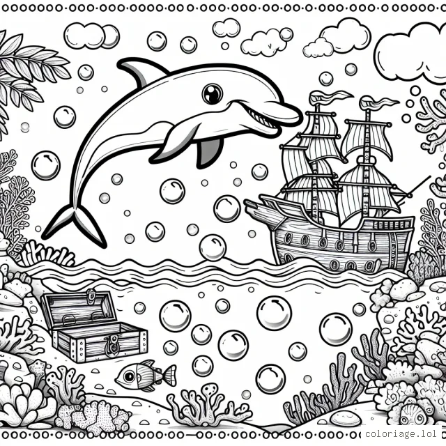 Imagine une scène sous-marine avec un dauphin amusant qui joue avec des bulles colorées, un trésor caché dans une vieille épave et une variété de poissons et de coraux vibrants.