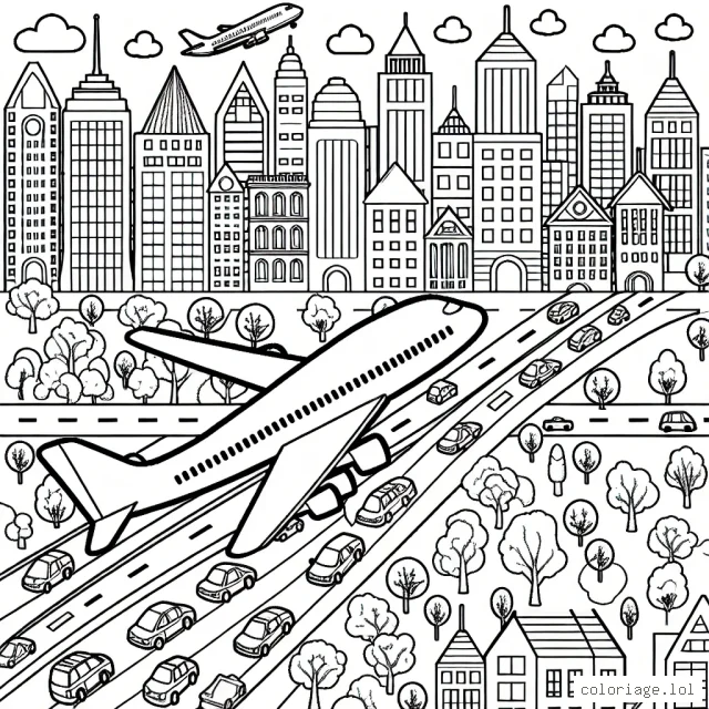Dessine un avion de ligne survolant une ville animée de jour, avec de nombreux détails à colorer : les immeubles, les voitures, les arbres du parc et le ciel azur.