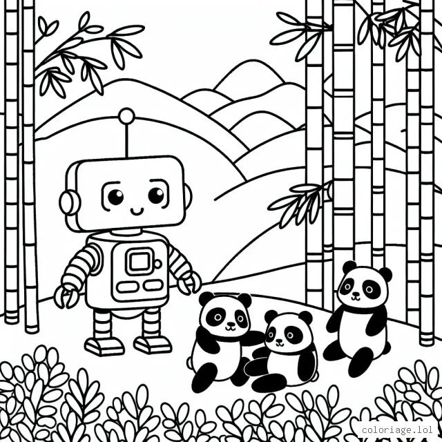 Sur une petite colline, un robot amical joue avec des pandas dans une forêt de bambous multicolores