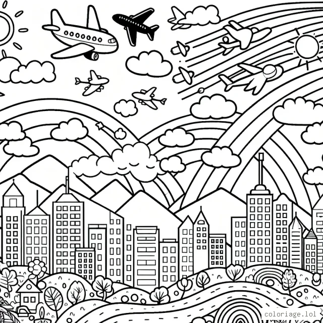 Crée un dessin d'avions de différentes sortes dans le ciel, survolant une ville et un paysage naturel varié, avec des nuages, des oiseaux et des arcs-en-ciel.