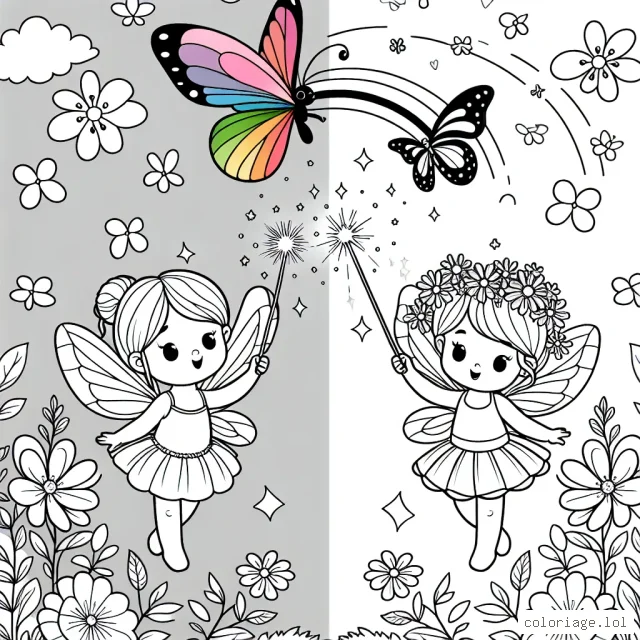 Une petite fée avec sa baguette magique virevoltant dans un jardin fleuri aux côtés d'un papillon arc-en-ciel