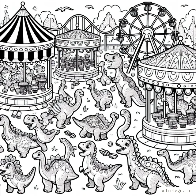 Un parc d'attractions fantastique peuplé de dinosaures amicaux qui jouent à des jeux de fête foraine