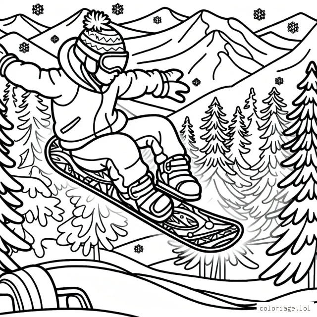 Dessine et colore un snowboardeur faisant une acrobatie spectaculaire en montagne.