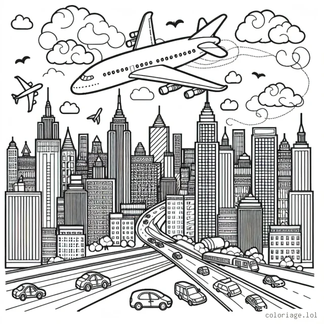 Pilotez votre imagination avec ce dessin mettant en scène un avion survolant une ville animée, avec des détails comme des buildings, des voitures et des personnes en dessous. Le ciel au-dessus offre la possibilité d'ajouter des nuages et des oiseaux.