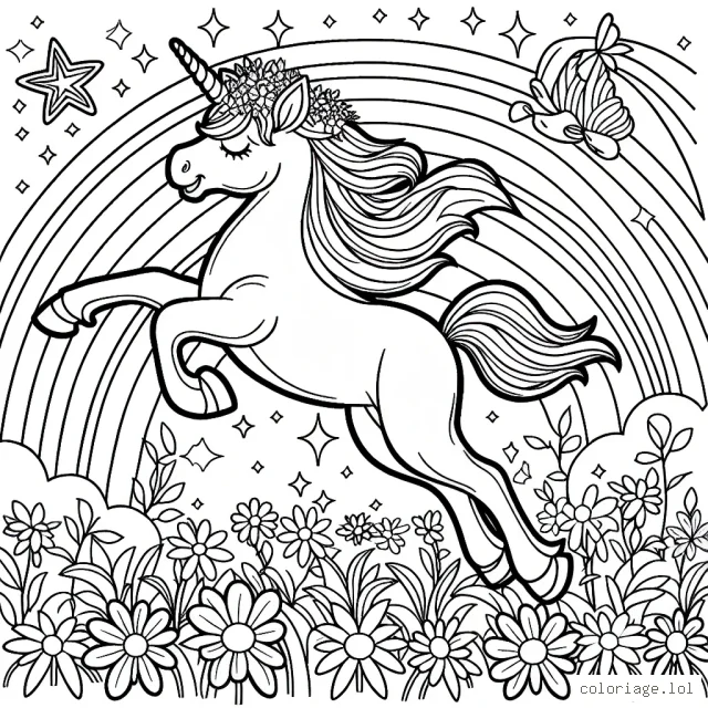Une majestueuse licorne jouant dans un champ de fleurs enchantées sous un arc-en-ciel lumineux