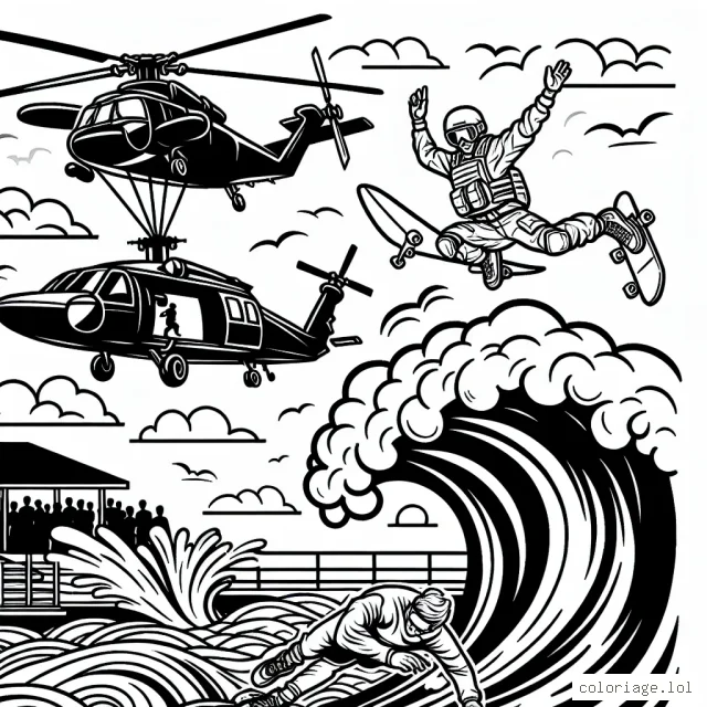 Dessine un parachutiste audacieux sautant d'un hélicoptère, un surfeur courageux affrontant une énorme vague et un skateur effectuant une figure impressionnante dans un skatepark.